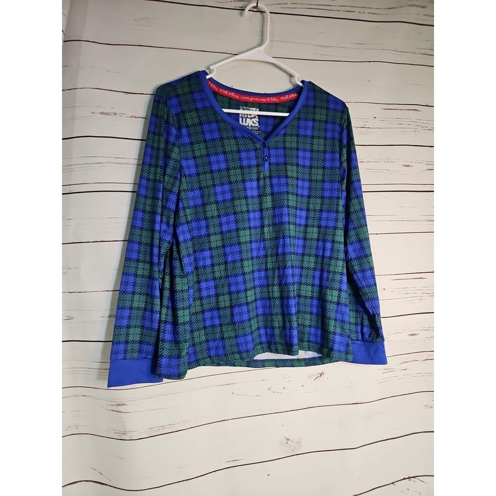Muk Luks WOMEN PM Blue Green Plaid Cloud Knit Henley Pajama Top And‎ Bottom...